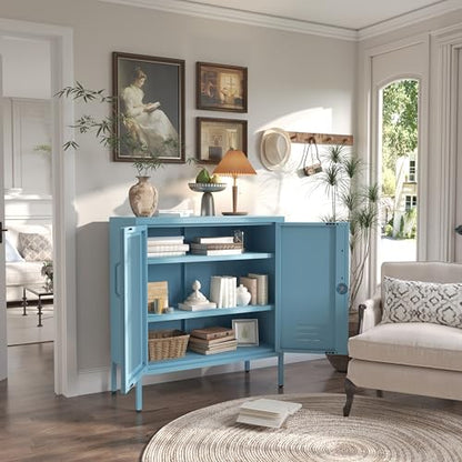 Accent Cabinet Locker, Lockable Storage Cabinet with Mesh & Metal Doors, 3-Tier Heavy Duty Steel Cabinet with 2 Adjustable Shelves, for Living Room, Home Office Blue 33" H x 29.5" W x 13.8" D - color: Ocean, style: Cabinet-33"H-SW