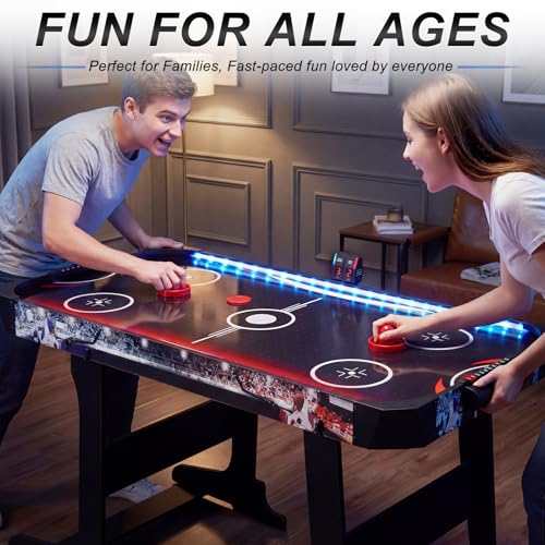 RAYKEEP 57 Inch Foldable Air Hockey Table with LED Lights, Indoor Arcade Game Table w/ 2 Pushers, 2 Pucks, Powerful 12V Motor for Kids & Adults, Home Game Room Office