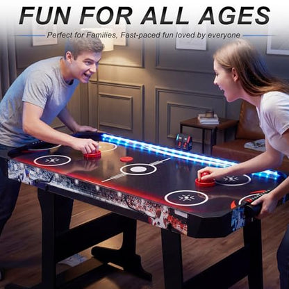 RAYKEEP 57 Inch Foldable Air Hockey Table with LED Lights, Indoor Arcade Game Table w/ 2 Pushers, 2 Pucks, Powerful 12V Motor for Kids & Adults, Home Game Room Office
