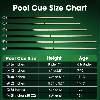 Pool Cue Sticks 42" Set of 2 Billiard Cue Sticks Multi-Size Options with Standard & Heavy Weight (12oz-20oz) for Kids, Teens & Adults Solid Birch Shaft, 13mm Leather Tip, Stainless Steel Joint