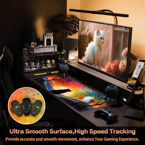 Canjoy Cute Black Cats Anime Mouse pad, 31.5x15.7inch Kawaii Computer Keyboard Mat Extended Large Gaming Mouse Pad with Non-Slip Rubber Base - color: Rainbow Cat
