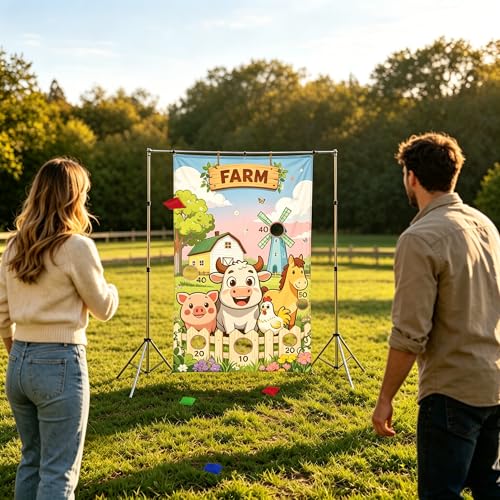 Farm Animals Toss Game Birthday Party Supplies Bean Bag Toss Game for Adults, Washable Heavy Duty Outdoor Indoor Throwing Theme Party Game Banner with 3 Bean Bags and 19.6ft String