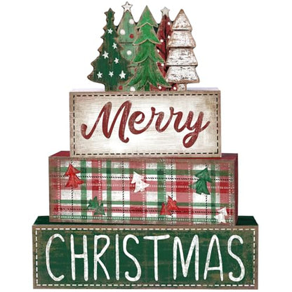 DIYDEC 4Pcs Christmas Table Decoration Green Tree Wooden Block Sign Christmas Tiered Tray Decor Winter Centerpiece Decorative Sign for Xmas Holiday Tabletop Coffee Fireplace Shelf Desk Party Decor - style: Green Tree