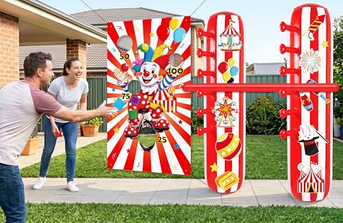 2 Sets Carnival Party Game Decorations – Circus Inflatable Limbo, Bean Bag Toss Banner Set for Adults, Outdoor Birthday Supplies, Halloween, Yard Sign