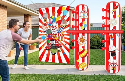 2 Sets Carnival Party Game Decorations – Circus Inflatable Limbo, Bean Bag Toss Banner Set for Adults, Outdoor Birthday Supplies, Halloween, Yard Sign
