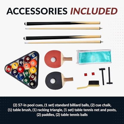 Hathaway Maverick 7 Foot Pool Table with Table Tennis Top – with Accessories for Both Games – Space-Saving Ping Pong and Pool Table Combo for Families – Matte Black Finish, Red Felt