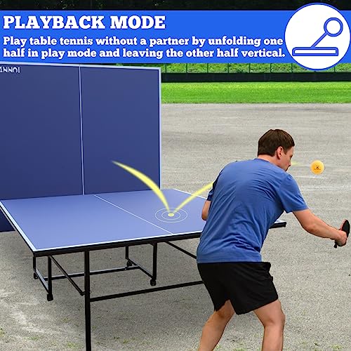 Table Tennis Table Mid-Size, Foldable Ping Pong Table Top Full Size with 2 Paddles, 2 Balls, 1 Net & 4 Wheels, Folding Table Tennis for Indoor & Outdoor, Quick Assembly to Support Multiplayer - size: 9ft