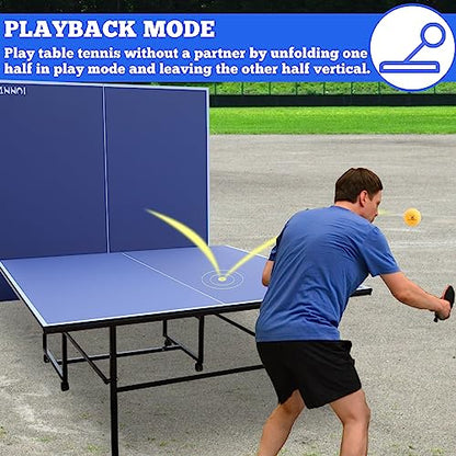 Table Tennis Table Mid-Size, Foldable Ping Pong Table Top Full Size with 2 Paddles, 2 Balls, 1 Net & 4 Wheels, Folding Table Tennis for Indoor & Outdoor, Quick Assembly to Support Multiplayer - size: 9ft