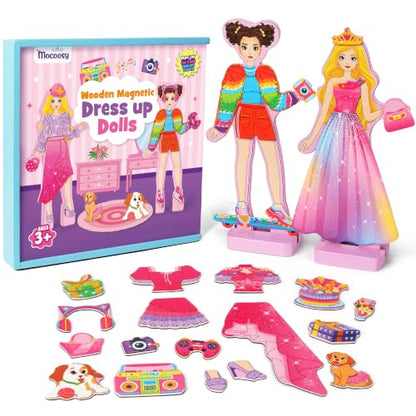 Mocoosy Wooden Magnetic Dress Up Dolls for Kids, Pretend Play Magnet Toys with Storage Case, Travel Game Airplane Car Road Trip Toy On The Go Activity Set Birthday Gift for Girls 3 4 5 6 7 8 Year Old