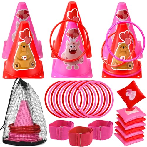 39Pcs 4 in 1 Valentines Day Party Games for Kids with Ring Toss, Plastic Cones, Bean Bags, 3-Legged Race Bands, Stickers, Carnival Valentine's Games Activity Combo Set for Classroom Indoor Outdoor - color: Valentine's Pink-Stickers