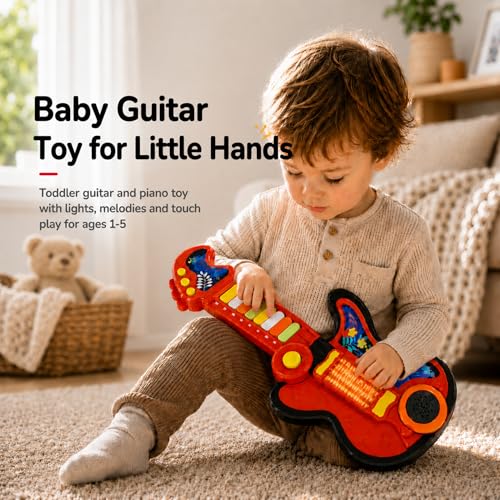 Toddler Guitar Toy for Boys & Girls 1-3, 4-in-1 Touch & Play Kids Guitar Piano Musical Toy with Projector Light, Drum, Lullabies & Volume Control, First Guitar Birthday Gift for Kids & Babies Ages 1-5 - color: Red