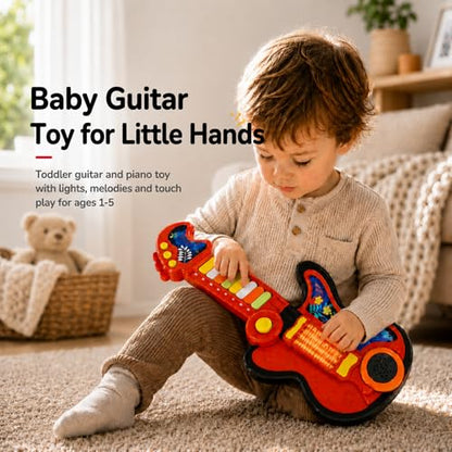 Toddler Guitar Toy for Boys & Girls 1-3, 4-in-1 Touch & Play Kids Guitar Piano Musical Toy with Projector Light, Drum, Lullabies & Volume Control, First Guitar Birthday Gift for Kids & Babies Ages 1-5 - color: Red