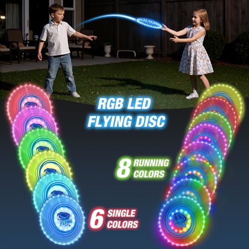HYES 2 Pack Light up Flying Discs for Kids, Rechargeable Disc with 45 LEDs, 14 Lighting Modes(10")&Built-in Battery Disc(7.8"), Glow in The Dark Ring for Beach/Camping/Outdoor Sport - size: 2PCS: 10in + 7.8in