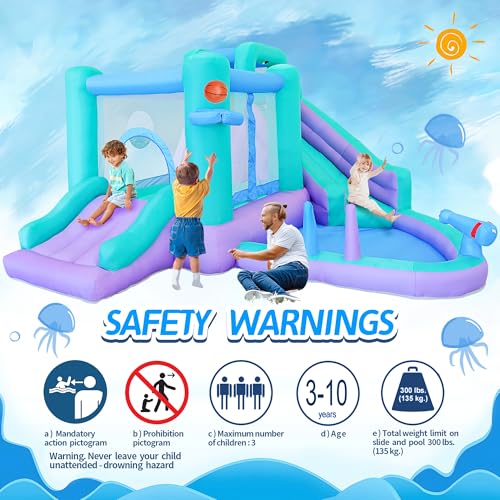 Inflatable Bounce House Water Slide, 141 x 138 x 78 Inches Blow Up Water Slides, Splash Pool, Basketball, Ring Toss Game, Target Balls, Water Cannon, Climbing Wall, Blower Included