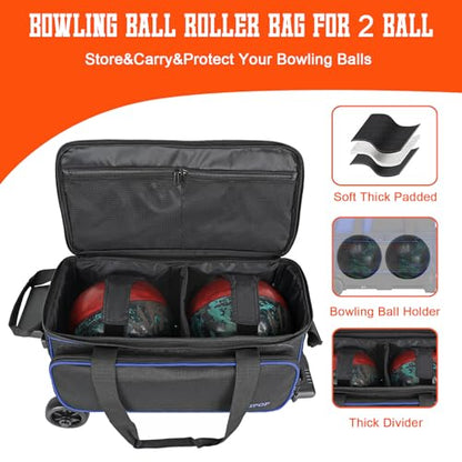 LARIPOP 2 Ball Bowling Roller Bag, Wheeled Bag with Shoe Compartment, Telescopic Handle & Padded Protection for Men Women - color: Blue