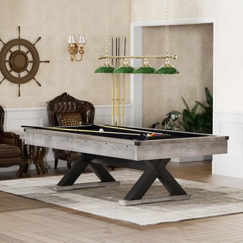 84" Professional Pool Table Set with X-Base - with 2 Cues, Billiard Balls, Chalk, X-Legs, Brush & Triangle Rack - Premium Black Felt, Heavy-Duty Rustic Grey Wood for Game Room/Man Cave