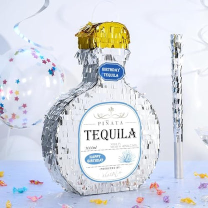 WERNNSAI Tequila Bottle Piñata - Disco Party Decorations for Adults Silver Patron Tequila Piñata with Blindfold for Bachelor Birthday Party Supplies 11.7” x 16.5” - style: Tequila