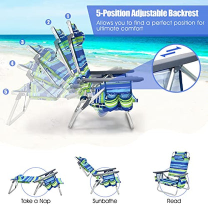 Tangkula Backpack Beach Chair with Table, 5-Position Lay Flat Beach Chairs with Cooler Bag, 2 Cup Holders, Towel Bar, Lightweight Low Folding Beach Chair with Backpack Straps - color: Blue, style: 2 Pack with Table