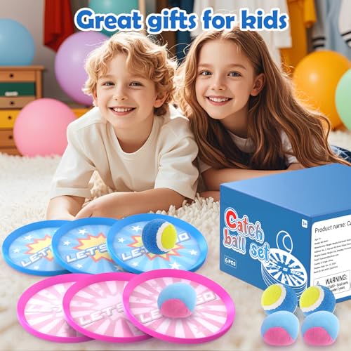 Toss and Catch Ball Set with 6 Paddles 6 Balls, Outdoor Toys for Kids Beach Toy Pool Sports Toys for Kids Age 3+, Summer Toys Birthday Gifts for 3 4 5 6 7 8 9 10 Year Old Boys Girls