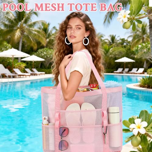 GYEUKHAM Mesh Beach Bag for Women, Sand-Resistant Pool Tote, 9 Pockets (1 Inner Zip), Foldable Family Travel Essentials - color: L-pink