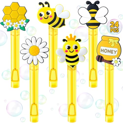 Winrayk Bee Party Favors, 24Pcs Bee Themed Mini Bubble Wands for Kids Bubbles Bulk with Detachable Topper (6 Styles & Colors), Birthday Gift Easter Goody Bag Stuffer Classroom Prizes Honey Party Favor - style: Bee