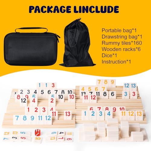 Rummy Cube Game Set 6 Player Edition with 6 Wooden Racks, 160 Large Number Tiles and Portable Zippered Case, Rummy Travel Game Set - Classic Tile Board Games for Family Adults Kids Travel, Ideal Gift - style: 6 players with 160 tiles