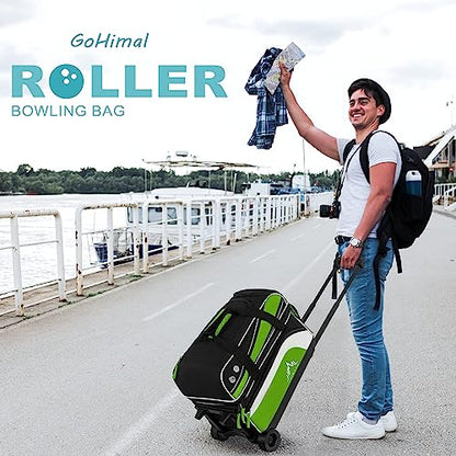 GoHimal Double Roller Bowling Bag, Shoe Compartment, Upgraded Fabric | Fits US men's size 15 shoes,multi pockets,retractable handle extends to 40",smooth-rolling wheels,lightweight design - color: Black-Green