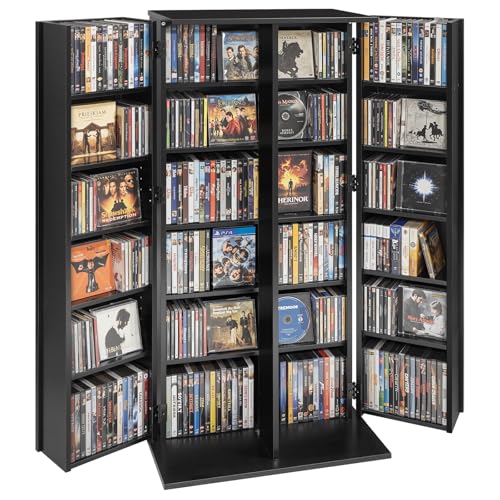 VEVOR Media Storage Cabinet, 6-Tier DVD Shelf Organizer, 24.02 x 14.49 x 50 in Multimedia Storage Organizer for CDs, DVDs, Books, Games, CD Shelf for Living Room, Home Office, Recording Room, Black - color: Black