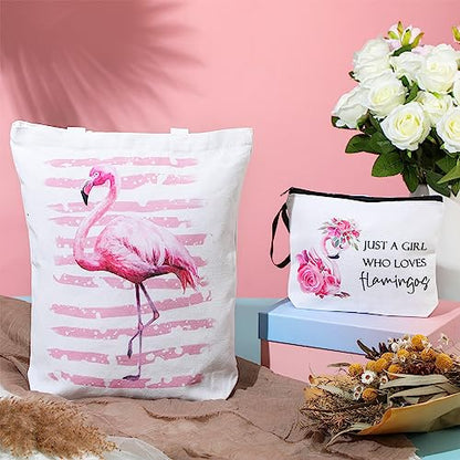 Sieral 2 Pcs Animal Lover Bag Gift for Women Travel Canvas Tote Portable Zipper Pouch Canvas Reusable Grocery Tote - style: Flamingo