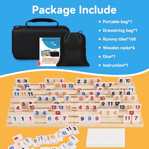 Rummy Cube 6 Player Edition with 6 Wooden Racks 160 Tiles Rummy Cube Game with Case 6 Players Travel Size Rummy Game Large Number Rummy Tiles Travel Game Set for Family Classic Board Games - style: 160 Tiles+6 Racks