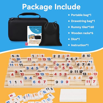 Rummy Cube 6 Player Edition with 6 Wooden Racks 160 Tiles Rummy Cube Game with Case 6 Players Travel Size Rummy Game Large Number Rummy Tiles Travel Game Set for Family Classic Board Games - style: 160 Tiles+6 Racks