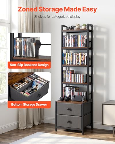 VEVOR Media Storage Cabinet, 4-Shelf DVD Shelf Organizer with Drawers, 15.75 x 11.81 x 56.50 in Multimedia Storage Organizer for CDs, DVDs, Books and Games, CD Cabinet for Living Room, Home Office