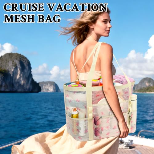 GYEUKHAM Mesh Beach Bag for Women, Sand-Resistant Pool Tote, 9 Pockets (1 Inner Zip), Foldable Family Travel Essentials - color: L-pink Butterfly