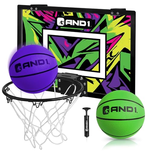 AND1 Over the Door Mini Basketball Hoop: 18x12 Shatterproof Backboard, 2 Mini Basketballs, and Hand Pump Included- Ultimate Indoor Basketball Accessory for Kids and Adults, No Tools Required - color: Purple/Green, style: Mini Hoop / Two Balls