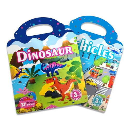 2 Sets Reusable Sticker Book for Kids, Puffy Jelly Stickers for Toddlers, Travel Essentials Craft Activities Toys for Boys Birthday Gifts - Dinosaur & Vehicles - color: 2 Sets - Dinosaur/Vehicles