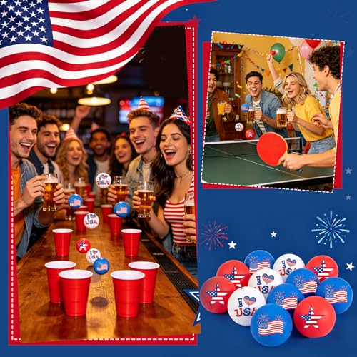 HOWAF 18pcs 4th of July Table Tennis Balls, 40mm Independence Day Ping Pong Balls, Patriotic Red White and Blue Table Tennis Ball America Flag Star Plastic Ball for USA 1776–2026 Birthday Gift