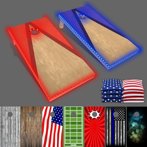 PartyToss Cornhole Boards/Bean Bag Toss Game Set w/Optional LED Lights & Graphics - Choose Your Model - color: Red_Blue Grain