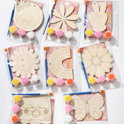 Saypacck 24 Pcs Groovy Boho Hippie Party Favors Wooden Painting Craft Kits Birthday Party Supplies with Organza Bag for Goodie Bags Fillers Adult Thank You Gifts - style: Modern