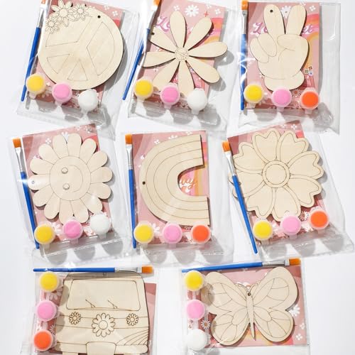 Saypacck 24 Pcs Groovy Boho Hippie Party Favors Wooden Painting Craft Kits Birthday Party Supplies with Organza Bag for Goodie Bags Fillers Adult Thank You Gifts - style: Modern
