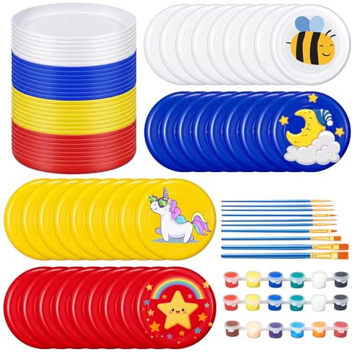 Tenceur 36 Pcs DIY Plastic Flying Disks Bulk 7 Inch Paint Your Own White Flying Disc with Paintbrushes and Paints for Party Favors and Crafts Fun Home Activities Games (Navy Blue,Red,Yellow,White) - color: Navy Blue, Red, Yellow,White