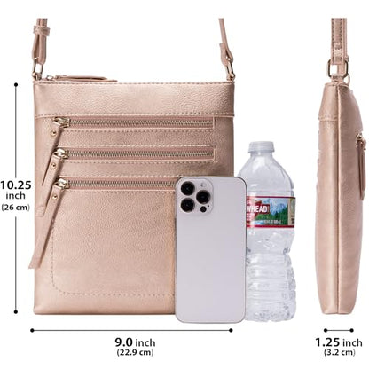 Solene Crossbody Bag Functional Multi Pocket Messenger Purse Top Zip Closure Shoulder Handbag With Adjustable Strap - color: Rose Gold