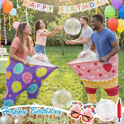 11 Pcs Birthday Granny Pants Set, 2 Giant Inflatable Pants with 1 Pump 6 Bouncy Balls & 2 Birthday Glasses, Outdoor Tossing Party Activity for Adults & Family Gatherings - style: Birthday Style