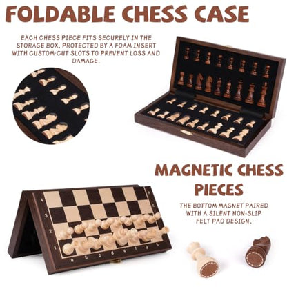 Magnetic Travel Chess Set with Wooden Folding Board – 12 Inch Portable Magnetic Chess Board Game with Handcrafted Wooden Pieces, 2 Extra Queens, Strategy Chess Set for Adults and Kids Beginners