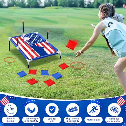 Leitee 4th of July 2 in 1 Bean Bags Toss Game American Flag Cornhole Bean Bags Patriotic Ring Toss Game Kids Patriotic Cornhole Games Set Independence Day Party Games Ideal for Ages 4-8 Toddlers