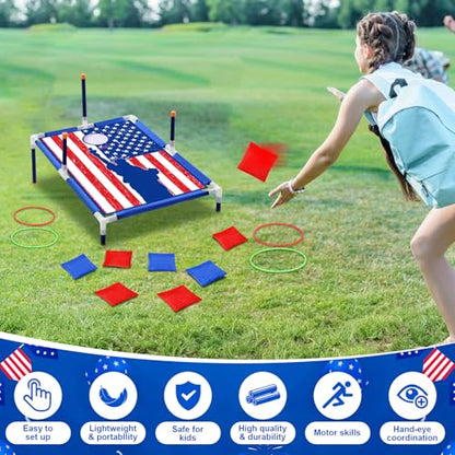Leitee 4th of July 2 in 1 Bean Bags Toss Game American Flag Cornhole Bean Bags Patriotic Ring Toss Game Kids Patriotic Cornhole Games Set Independence Day Party Games Ideal for Ages 4-8 Toddlers