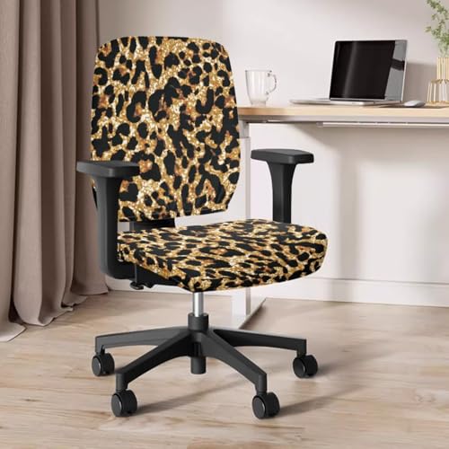 Leopard Print Desk Chair Cover Stretchable 4-Pc Set Office Chair Arm Cushion Washable Office Chair Seat Cover for Gaming and Computer Setup - color: Leopard Print