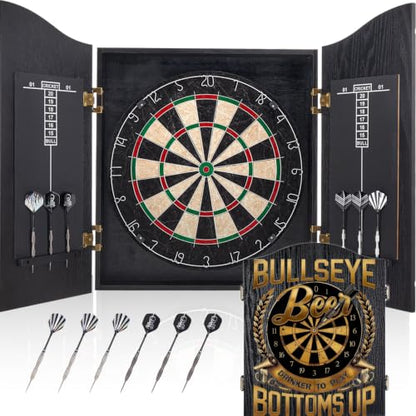 Sisal Dart Board Cabinet Sets, Decorative Dart Boards for Adults [6*Steel Darts] - Wooden Dartboard Cabinet with Integrated Scoreboard for Family Game Rooms - [Bullseye]