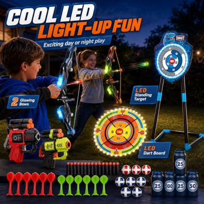 VROGTIK 2 Pack Kids LED Bow and Arrow Set with Standing Target & LED Dart Board, 20 Suction Cup Arrows, 2 Quivers, Foam Dart Toys, Indoor Outdoor Archery Toy Gift for Boys Girls Ages 3-12 - color: Blue/Green/Yellow