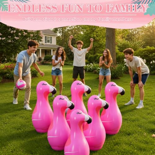 7 Pcs Giant Inflatable Flamingo Bowling Set for Activities Game Flamingo Themed Summer Carnival Birthday Family
