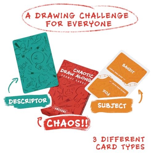 CHAOTIC DRAW ALONG 110 Drawing Prompt Cards, Creative Sketch Game with 105 Unique Prompts and 5 Blank Cards for Artists, Families, Classrooms and Party Games